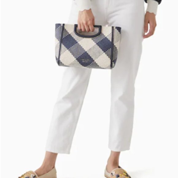 KATE SPADE NWT Gingham Woven Straw Clutch/Crossbody in Navy Blue & Ivory Alexia - Picture 3 of 16